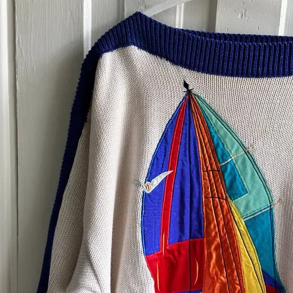 Vintage 80s Sinthia Szato Marisa Christina Sailboat Embellished Sweater - Picture 3 of 10